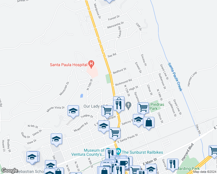 map of restaurants, bars, coffee shops, grocery stores, and more near 616 Ojai Santa Paula Road in Santa Paula
