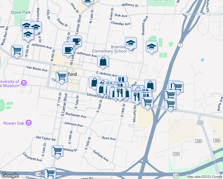 map of restaurants, bars, coffee shops, grocery stores, and more near 1711c University Avenue in Oxford
