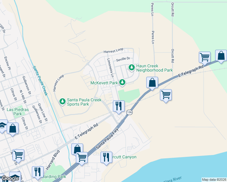 map of restaurants, bars, coffee shops, grocery stores, and more near 357 Fuerte Drive in Santa Paula