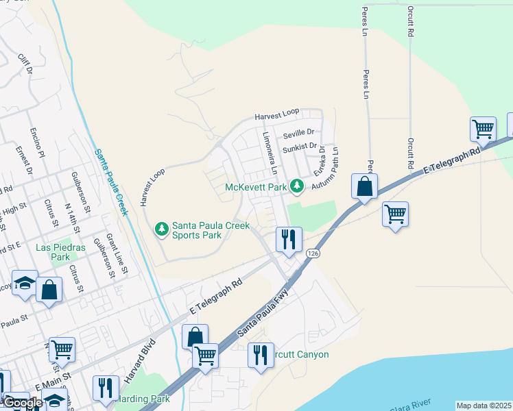 map of restaurants, bars, coffee shops, grocery stores, and more near 371 Allen Drive in Santa Paula
