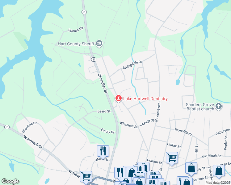 map of restaurants, bars, coffee shops, grocery stores, and more near Vickery Street in Hartwell