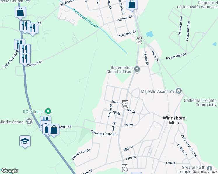 map of restaurants, bars, coffee shops, grocery stores, and more near 180 Pine Street in Winnsboro