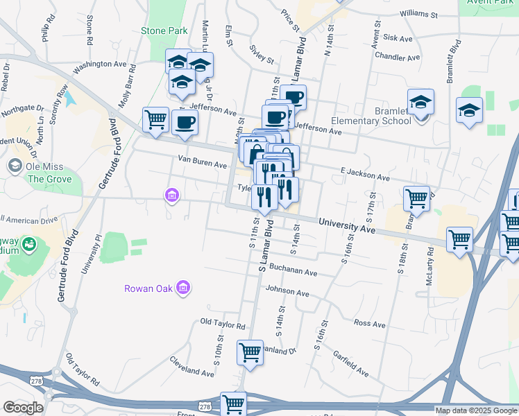 map of restaurants, bars, coffee shops, grocery stores, and more near 1100 Tyler Avenue in Oxford