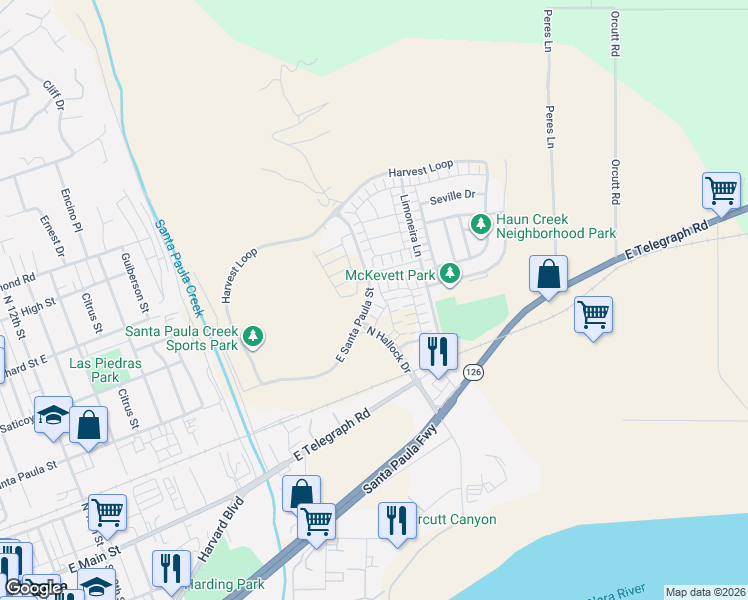map of restaurants, bars, coffee shops, grocery stores, and more near 370 Campbell Court in Santa Paula