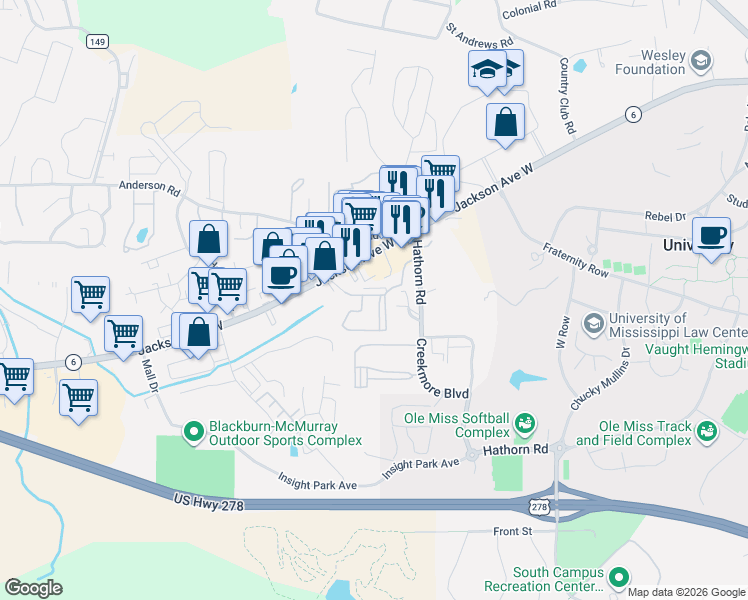 map of restaurants, bars, coffee shops, grocery stores, and more near 1608 Jackson Avenue West in Oxford