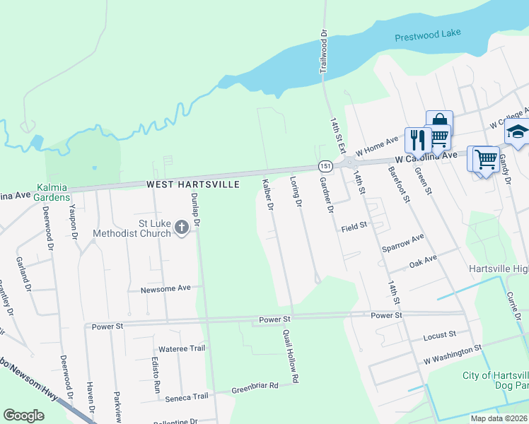 map of restaurants, bars, coffee shops, grocery stores, and more near 124 Kalber Drive in Hartsville