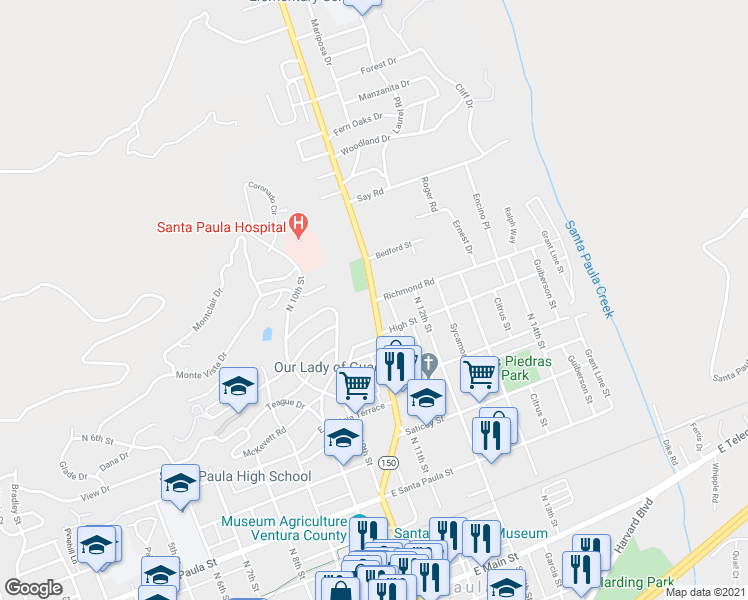 map of restaurants, bars, coffee shops, grocery stores, and more near 700 North Ojai Road in Santa Paula