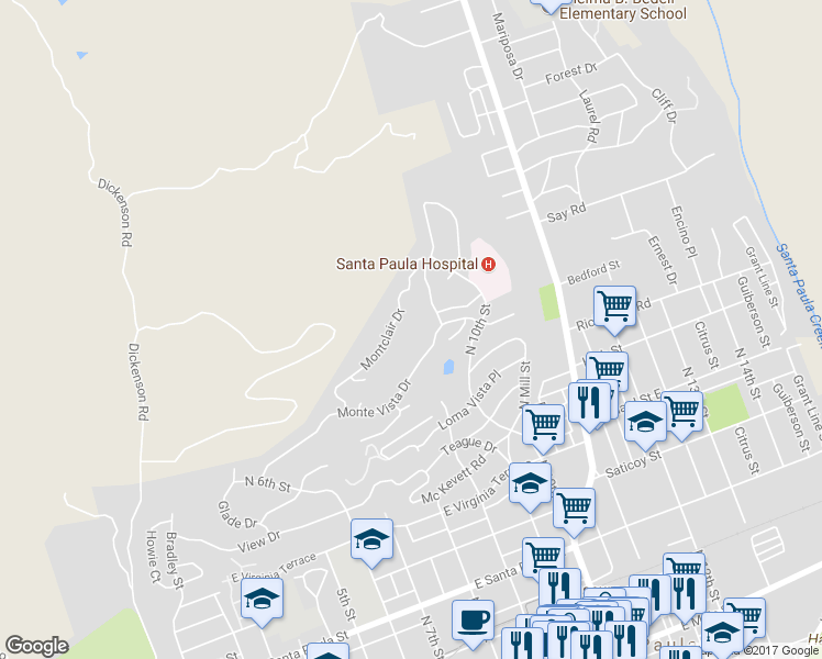 map of restaurants, bars, coffee shops, grocery stores, and more near 864 Montclair Drive in Santa Paula
