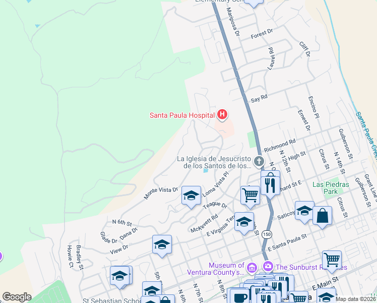 map of restaurants, bars, coffee shops, grocery stores, and more near 864 Montclair Drive in Santa Paula