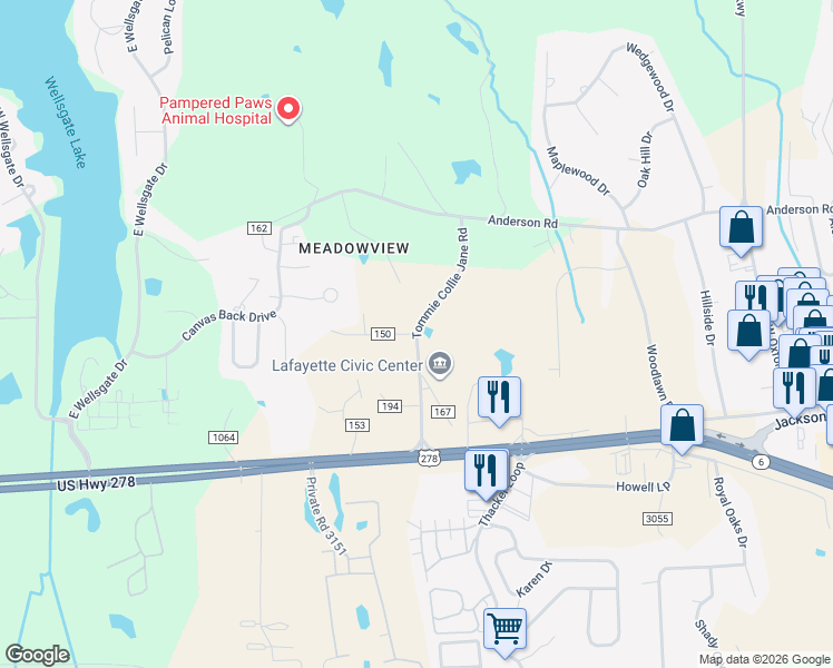 map of restaurants, bars, coffee shops, grocery stores, and more near 1 County Road 150 in Oxford