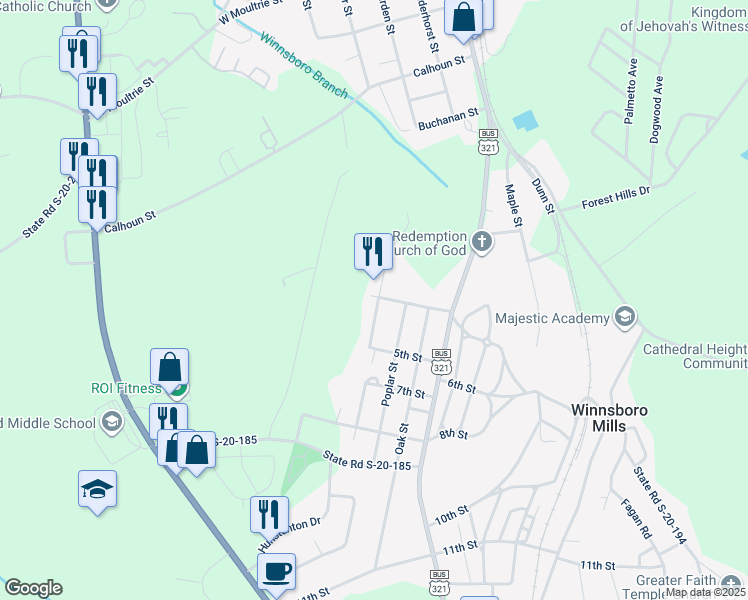map of restaurants, bars, coffee shops, grocery stores, and more near 180 Pine Street in Winnsboro
