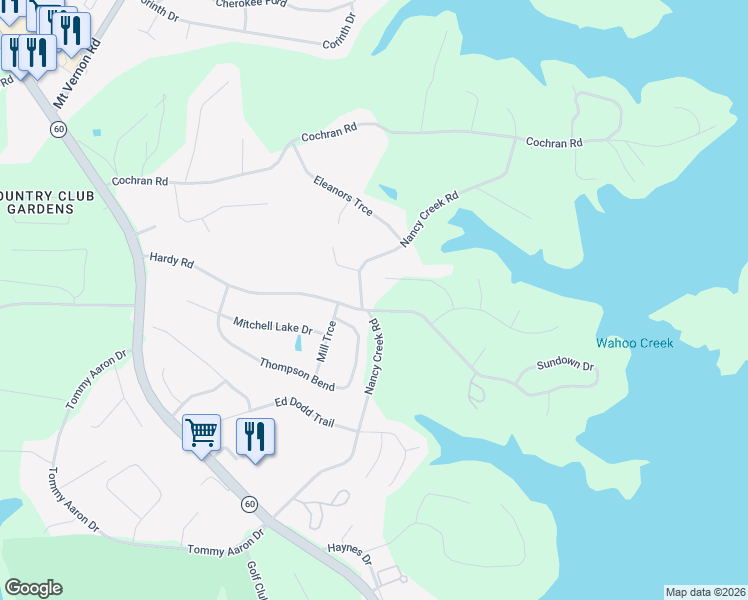 map of restaurants, bars, coffee shops, grocery stores, and more near 3739 Beaver Creek Road in Gainesville
