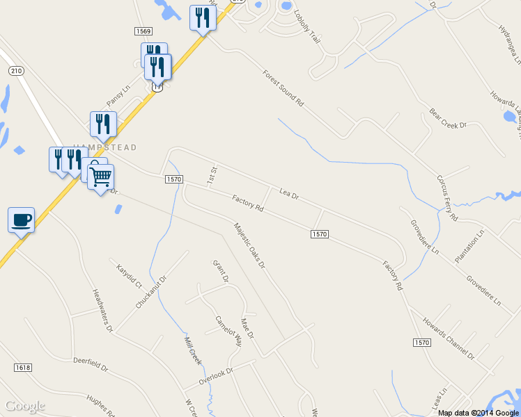 map of restaurants, bars, coffee shops, grocery stores, and more near 590 Factory Road in Hampstead