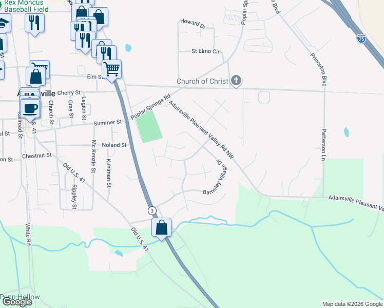 map of restaurants, bars, coffee shops, grocery stores, and more near 22 Barnsley Village Trail in Adairsville
