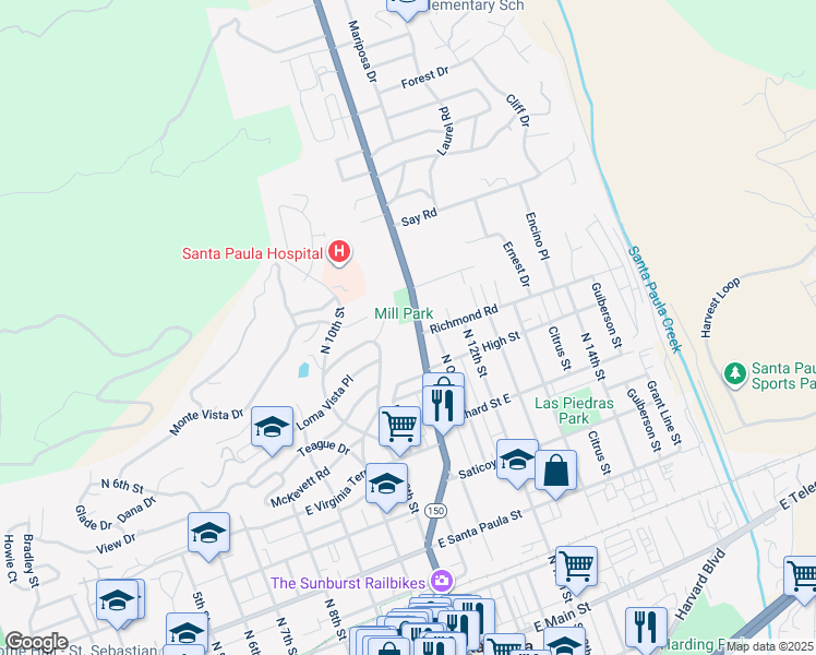 map of restaurants, bars, coffee shops, grocery stores, and more near 720 Ojai Road in Santa Paula
