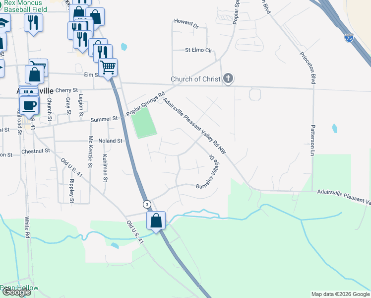 map of restaurants, bars, coffee shops, grocery stores, and more near 22 Barnsley Village Trail in Adairsville