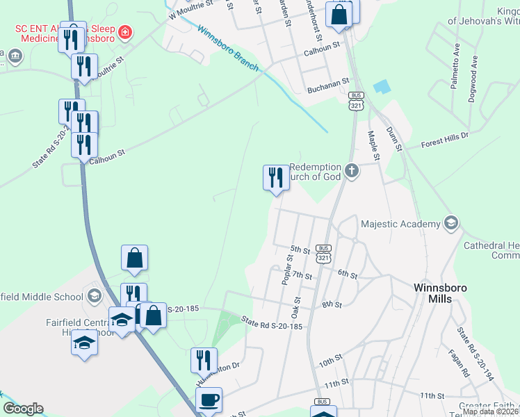 map of restaurants, bars, coffee shops, grocery stores, and more near in Winnsboro Mills