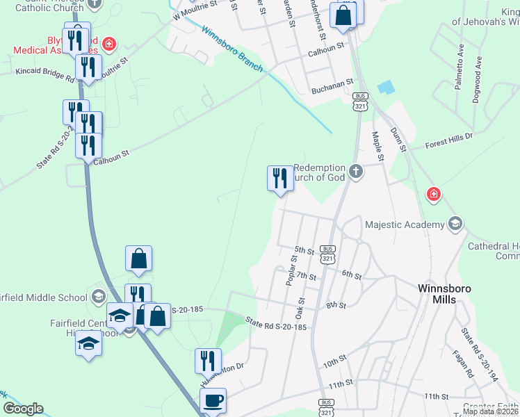 map of restaurants, bars, coffee shops, grocery stores, and more near in Winnsboro Mills