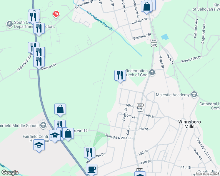 map of restaurants, bars, coffee shops, grocery stores, and more near in Winnsboro Mills