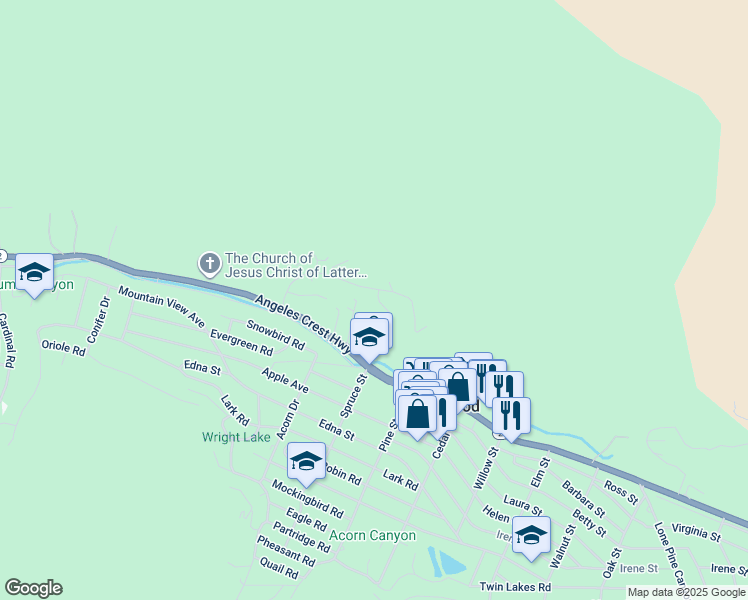 map of restaurants, bars, coffee shops, grocery stores, and more near 6284 Apple Vista Drive in Wrightwood