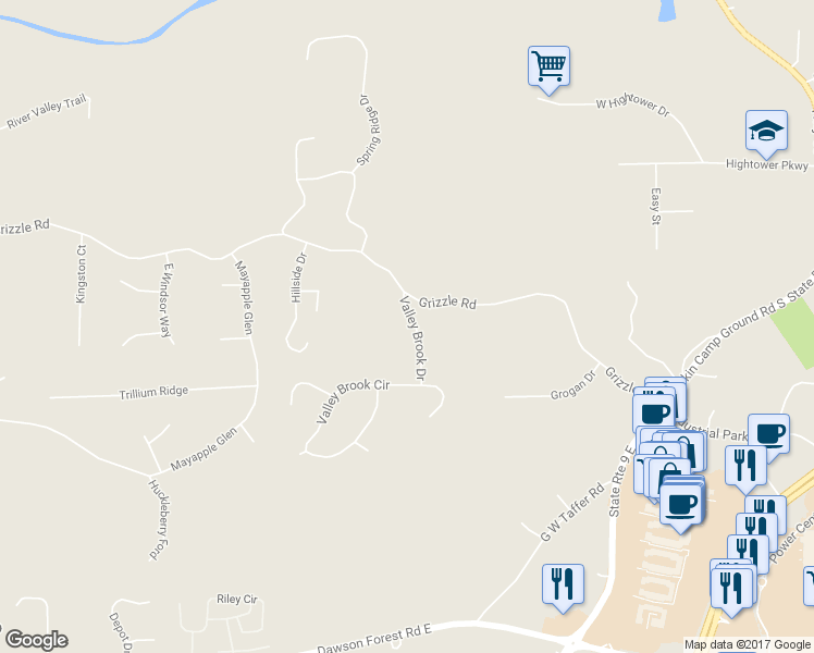 map of restaurants, bars, coffee shops, grocery stores, and more near 80 Valley Brook Drive in Dawsonville