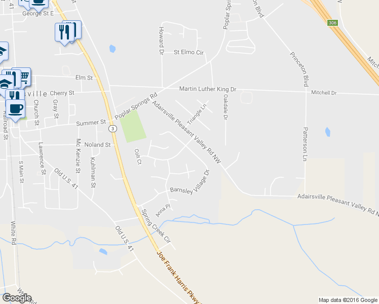 map of restaurants, bars, coffee shops, grocery stores, and more near 79 Barnsley Village Drive in Adairsville