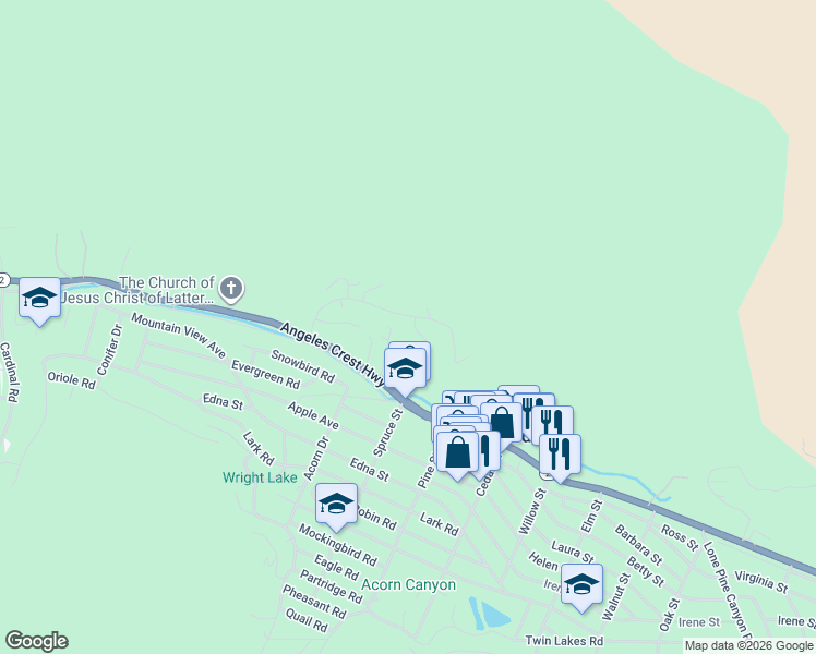 map of restaurants, bars, coffee shops, grocery stores, and more near 6284 Apple Vista Drive in Wrightwood
