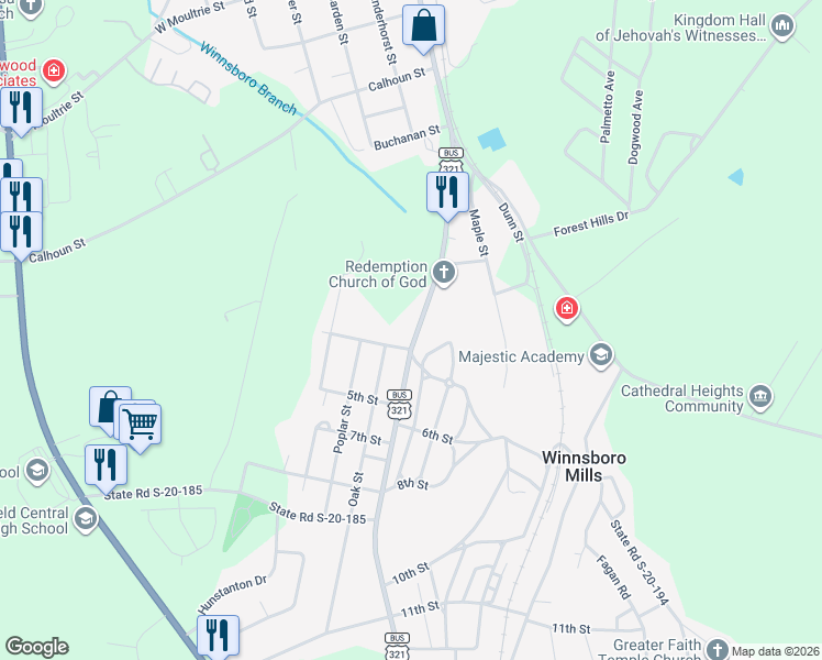 map of restaurants, bars, coffee shops, grocery stores, and more near 186 Columbia Road in Winnsboro