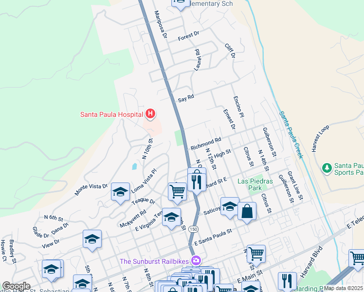 map of restaurants, bars, coffee shops, grocery stores, and more near 722 California 150 in Santa Paula