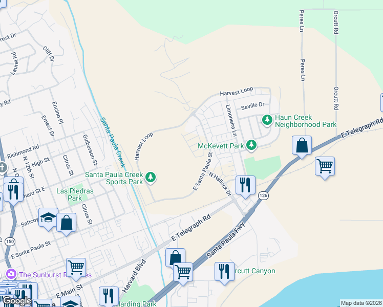 map of restaurants, bars, coffee shops, grocery stores, and more near 18208 Loop Lane in Santa Paula