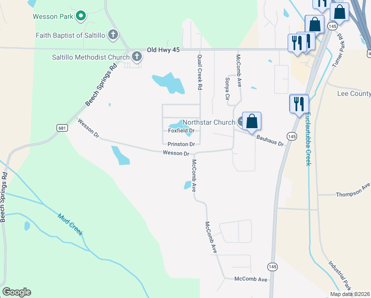 map of restaurants, bars, coffee shops, grocery stores, and more near 126-146 Prinston Drive in Saltillo