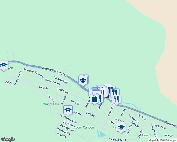 map of restaurants, bars, coffee shops, grocery stores, and more near 6326 Bluebird Road in Wrightwood