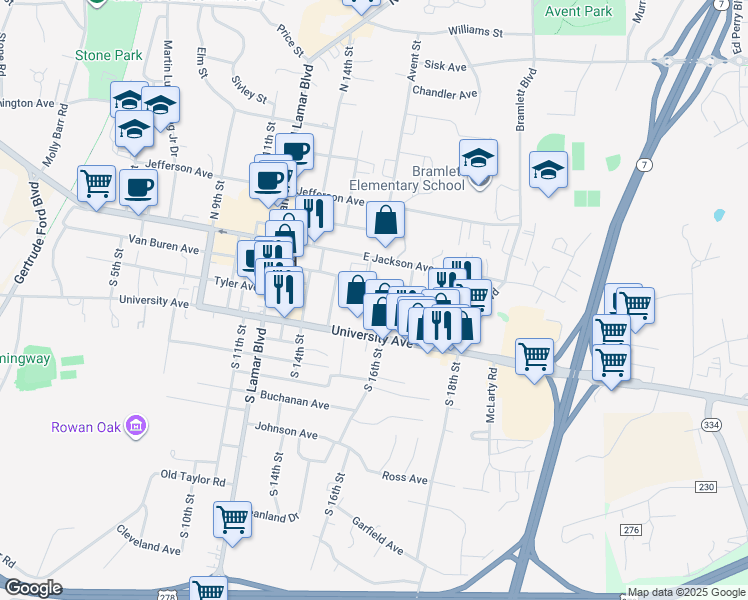map of restaurants, bars, coffee shops, grocery stores, and more near 209 South 16th Street in Oxford