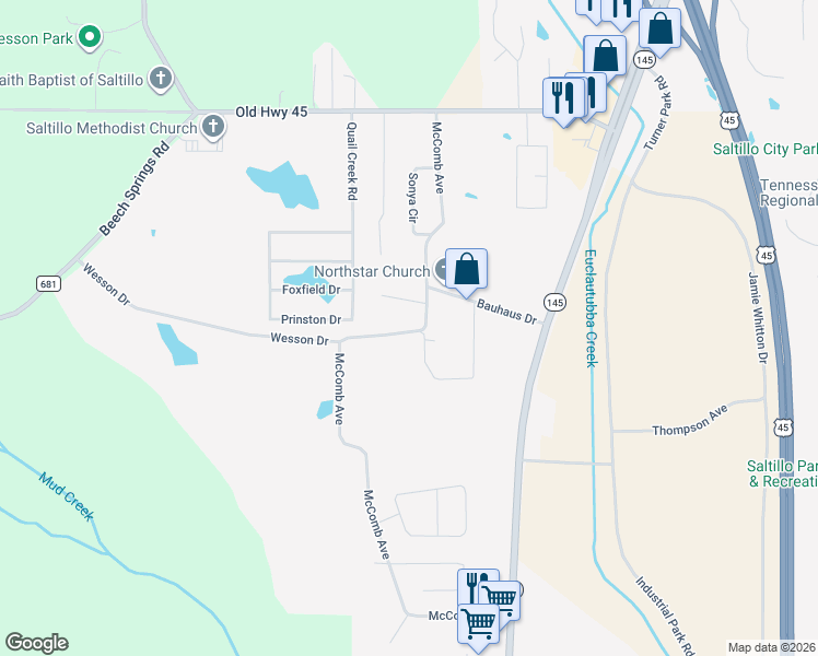 map of restaurants, bars, coffee shops, grocery stores, and more near 207 McComb Avenue in Saltillo