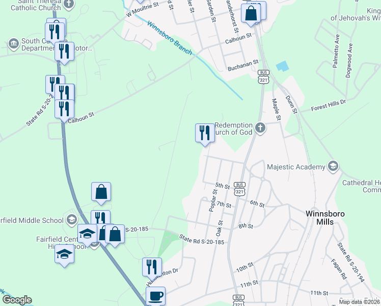 map of restaurants, bars, coffee shops, grocery stores, and more near in Winnsboro Mills