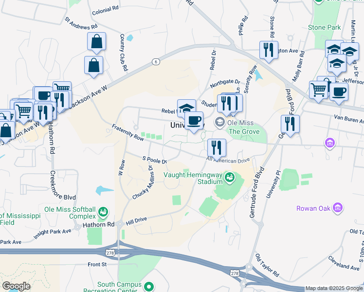 map of restaurants, bars, coffee shops, grocery stores, and more near 1520 University Circle in Oxford