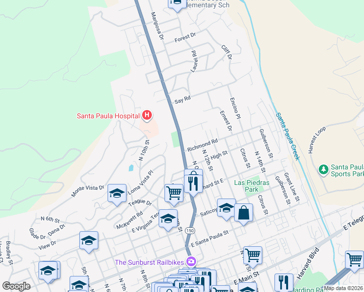 map of restaurants, bars, coffee shops, grocery stores, and more near 722 North Ojai Road in Santa Paula