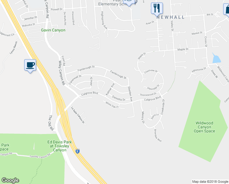 map of restaurants, bars, coffee shops, grocery stores, and more near 23562 Adamsboro Drive in Santa Clarita