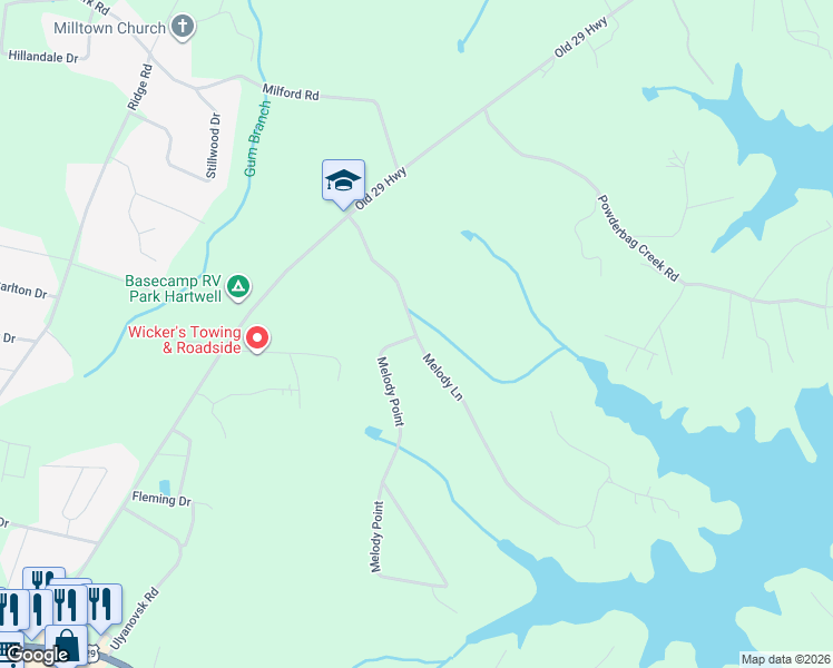 map of restaurants, bars, coffee shops, grocery stores, and more near 580 Melody Lane in Hartwell