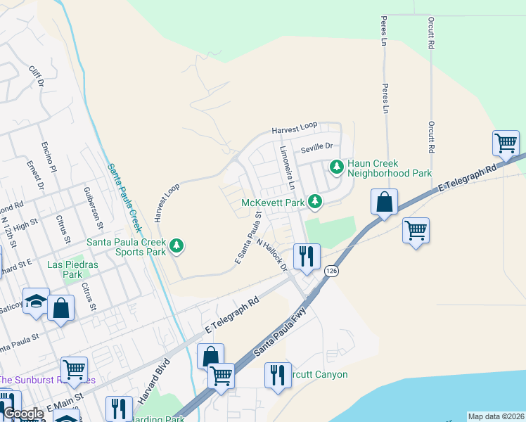 map of restaurants, bars, coffee shops, grocery stores, and more near 18208 Loop Lane in Santa Paula