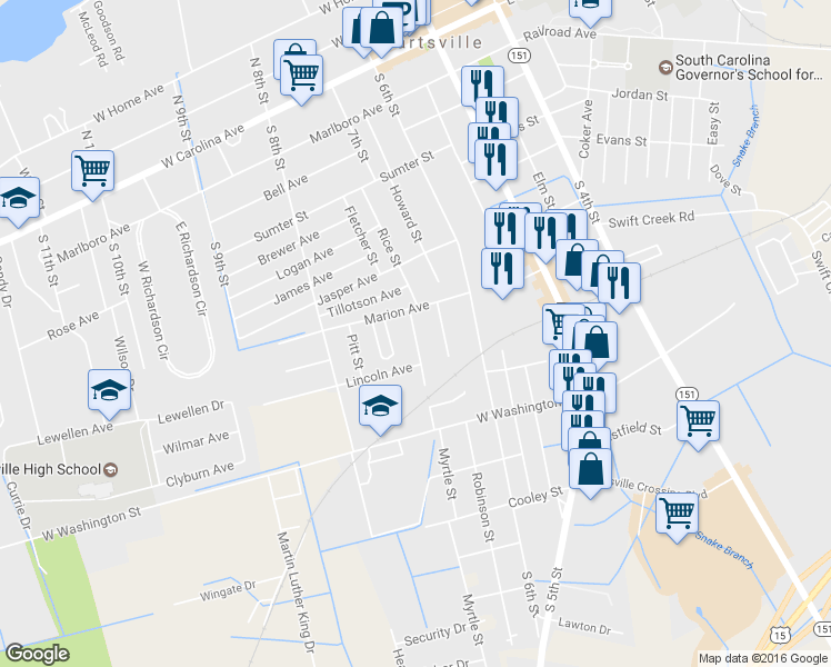 map of restaurants, bars, coffee shops, grocery stores, and more near 711 Butler Street in Hartsville