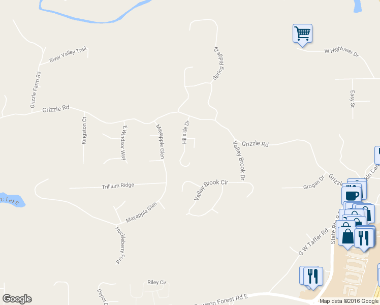 map of restaurants, bars, coffee shops, grocery stores, and more near 110 Old Hickory Way in Dawsonville