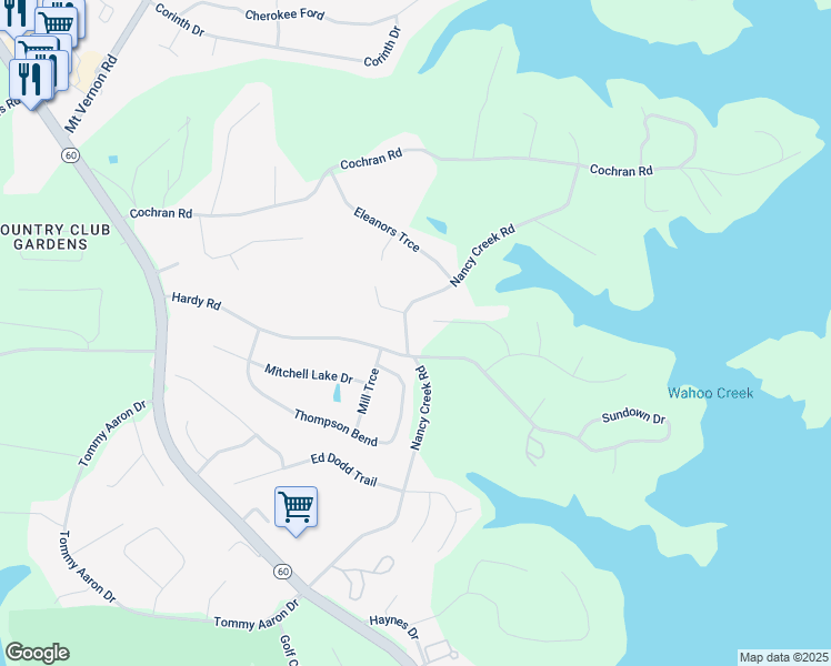 map of restaurants, bars, coffee shops, grocery stores, and more near 3739 Beaver Creek Road in Gainesville