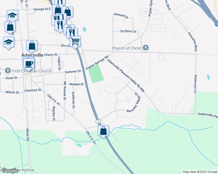 map of restaurants, bars, coffee shops, grocery stores, and more near 12 Winchester Avenue in Adairsville