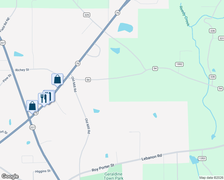 map of restaurants, bars, coffee shops, grocery stores, and more near 350 County Road 54 in Geraldine