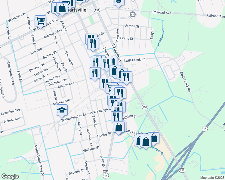 map of restaurants, bars, coffee shops, grocery stores, and more near 131 Sojourner Way in Hartsville