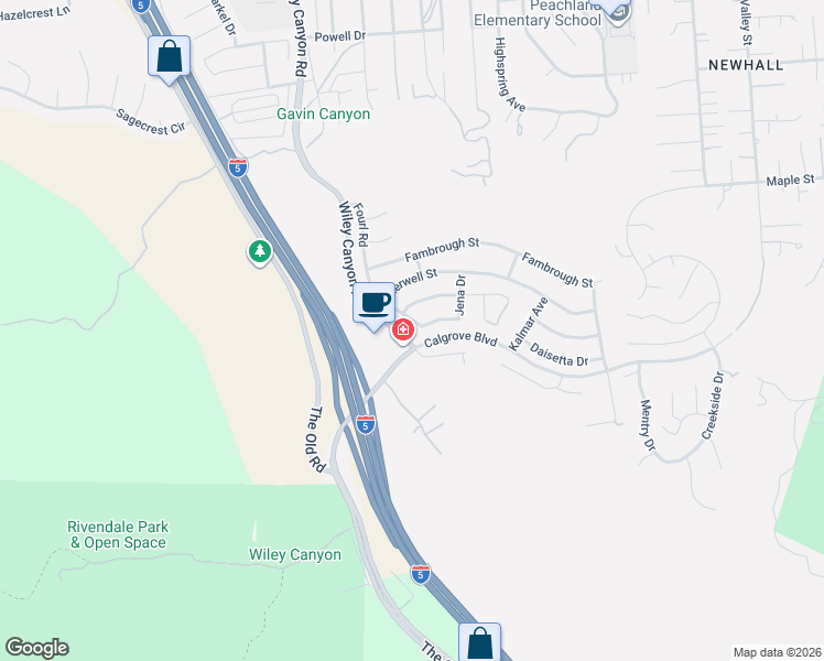 map of restaurants, bars, coffee shops, grocery stores, and more near 24607 Fourl Road in Santa Clarita