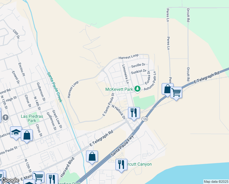 map of restaurants, bars, coffee shops, grocery stores, and more near 1926 Pump House Lane in Santa Paula