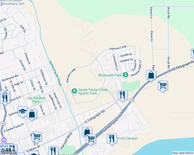 map of restaurants, bars, coffee shops, grocery stores, and more near 1847 Jojoba Drive in Santa Paula