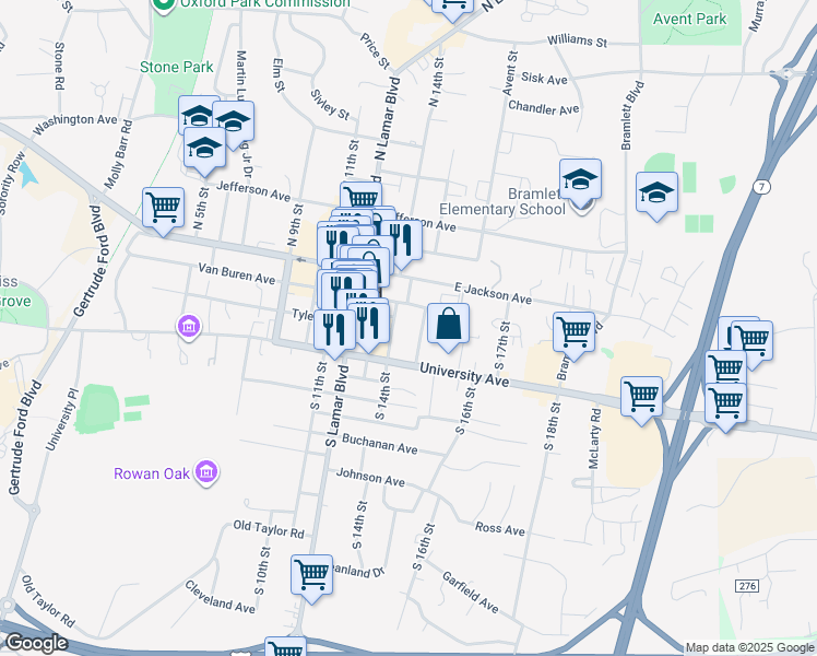 map of restaurants, bars, coffee shops, grocery stores, and more near 310 South 15th Street in Oxford